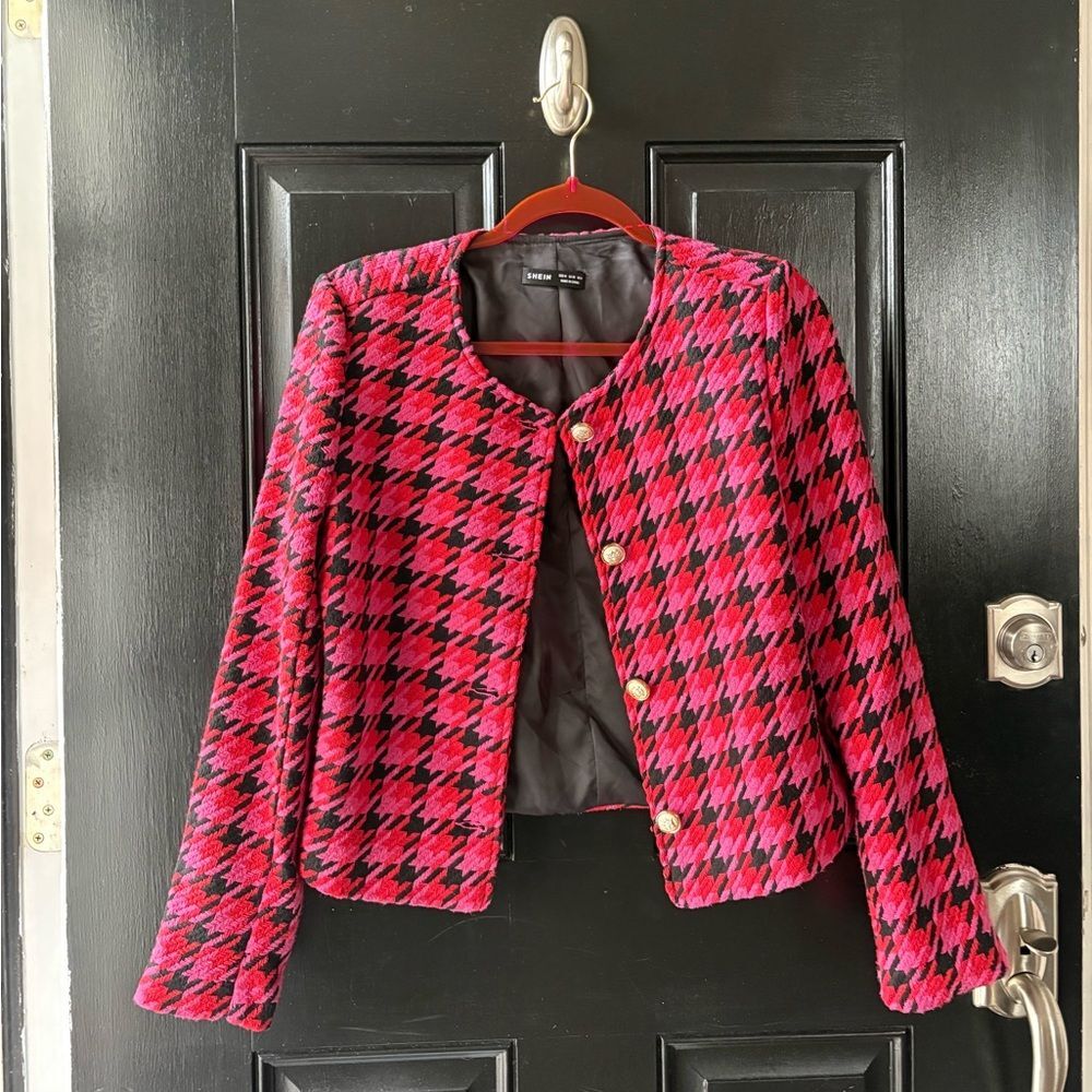 SHEIN Pink Black Houndstooth Blazer Lady Jacket Size S/M - Picture 2 of 16